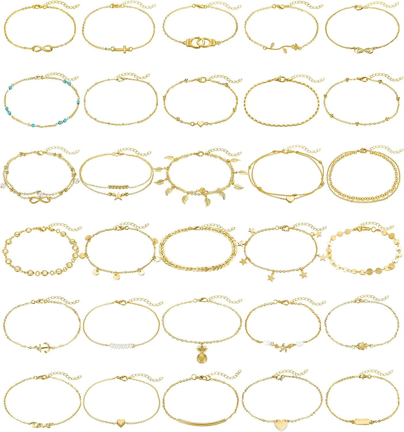FUNEIA 12/16Pcs Anklets for Women Silver Gold Ankle Bracelets Set Boho Layered Beach Adjustable Chain Anklet Foot Jewelry Apparel & Accessories > Jewelry > Anklets Anlsen J:30Pcs Gold  