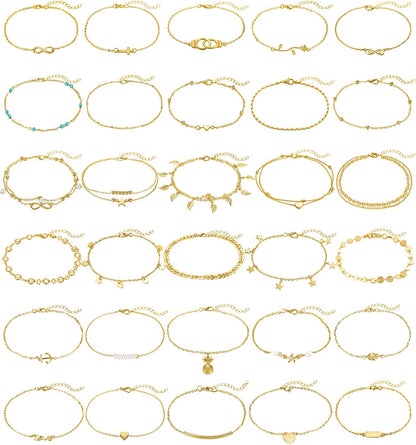FUNEIA 12/16Pcs Anklets for Women Silver Gold Ankle Bracelets Set Boho Layered Beach Adjustable Chain Anklet Foot Jewelry Apparel & Accessories > Jewelry > Anklets Anlsen J:30Pcs Gold  