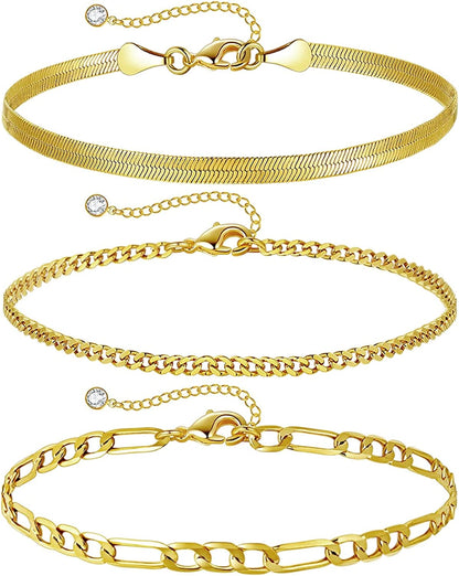 HAXIYA Ankle Bracelets for Women, 14K Gold Plated Adjust Beach Anklet, Cuban Link Chain, Beaded Anklet, Diamond Anklet, Figaro Chain, Water Proof for Summer Apparel & Accessories > Jewelry > Anklets HAXIYA Figaro-3  