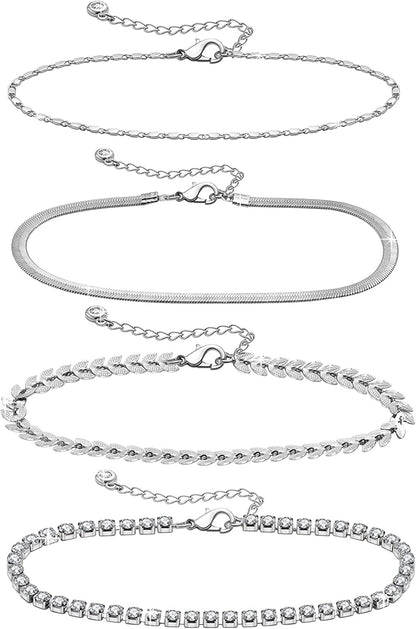 Met-Edianger 4 Pcs Women Anklets 18K Gold Bracelets Layered Anklets Set Cubic Zirconia Beach Foot Jewelry Apparel & Accessories > Jewelry > Anklets met-edianger Silver Anklet Set 4  