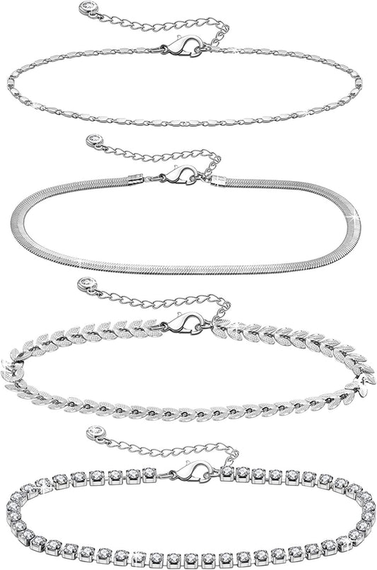 Met-Edianger 4 Pcs Women Anklets 18K Gold Bracelets Layered Anklets Set Cubic Zirconia Beach Foot Jewelry Apparel & Accessories > Jewelry > Anklets met-edianger Silver Anklet Set 4  