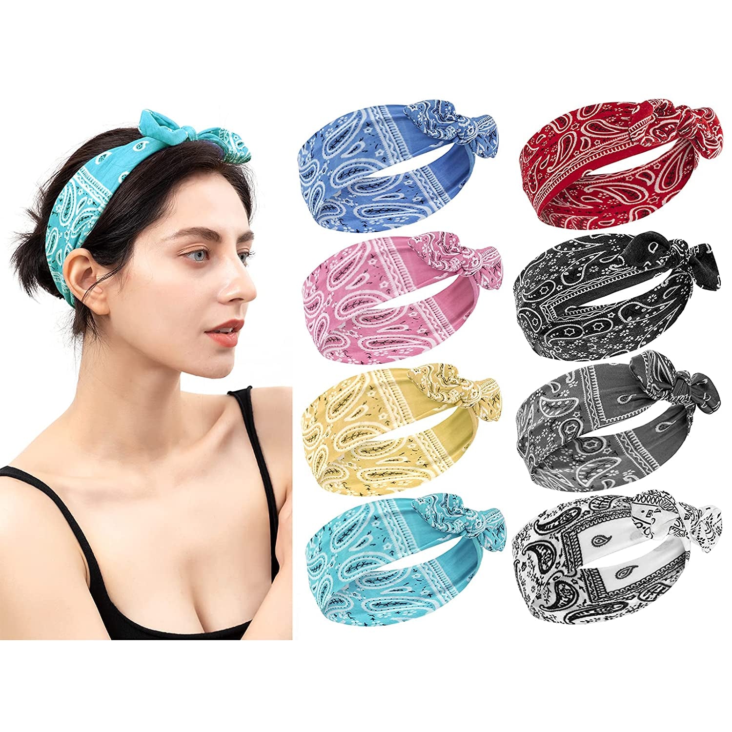 Habibee 8 Pcs Headbands for Women Boho Rabbit Ear Wide Headbands Flower Printed Hair Band with Bows Fashion and Sport Hair Accessories for Women and Girls Apparel & Accessories > Clothing Accessories > Bandanas & Headties habibee Boho-C  