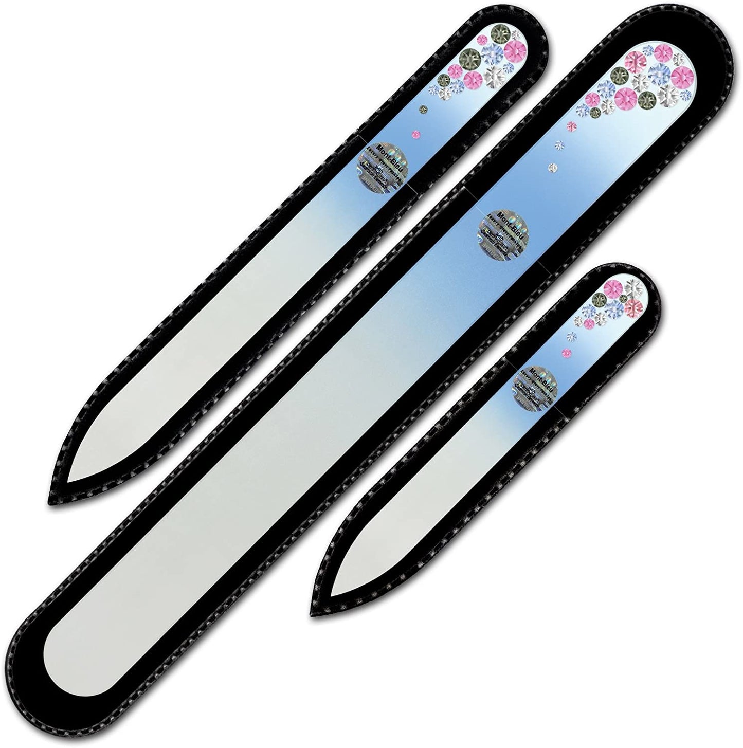 Mont Bleu Set of 3 Glass Nail Files Hand Decorated with Crystals - Handmade Gifts - Czech Tempered Glass - Excellent Nail Filing Tools - the Best Gifts - Crystal Nail File Health & Beauty > Personal Care > Cosmetics > Cosmetic Tools > Nail Tools Mont Bleu Light Sapphire  