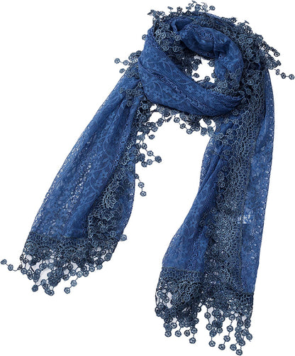 Cindy and Wendy Lightweight Soft Leaf Lace Fringes Scarf Shawl for Women Apparel & Accessories > Clothing Accessories > Scarves & Shawls Cindy and Wendy Denim Blue-2  