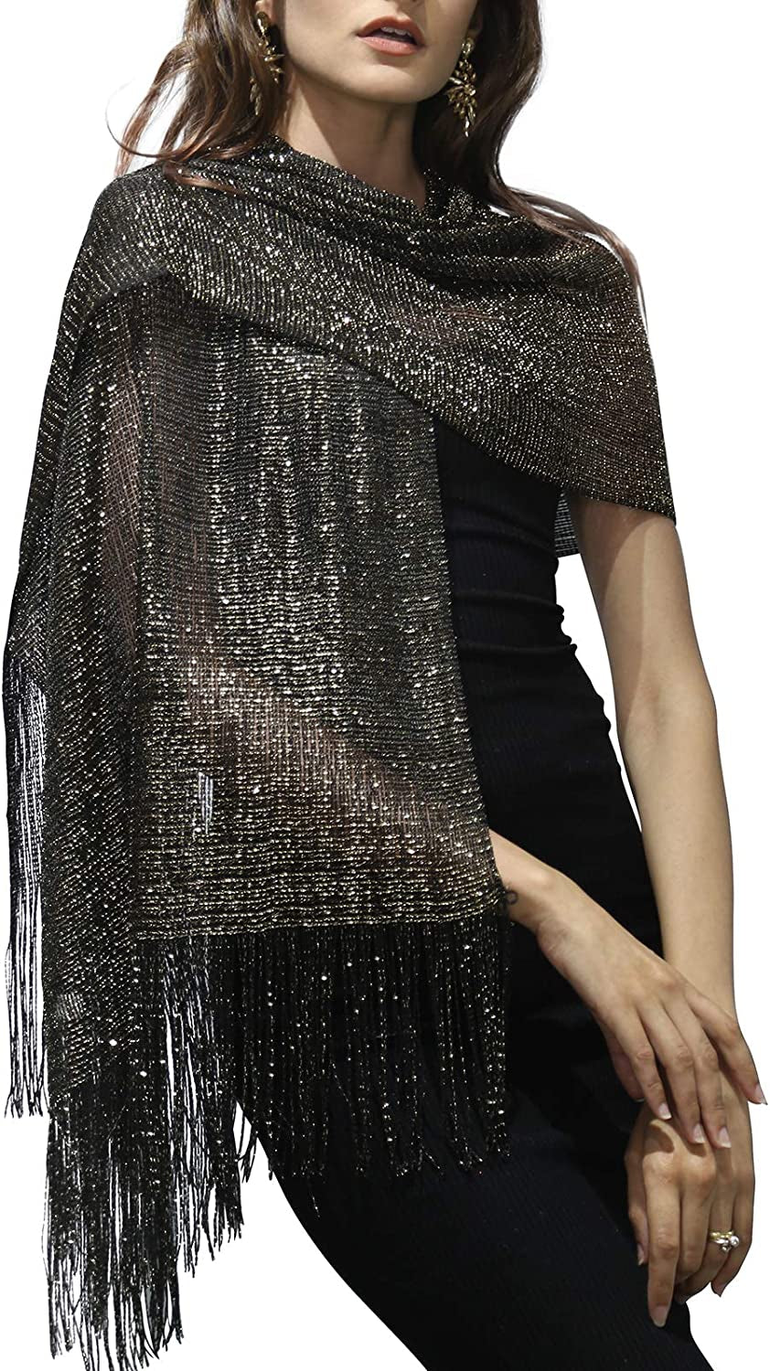 Missshorthair Women'S Sparkle Shawls and Wraps with Buckle for Wedding Party Dresses Apparel & Accessories > Clothing Accessories > Scarves & Shawls MissShorthair 5.4 Black/Gold  
