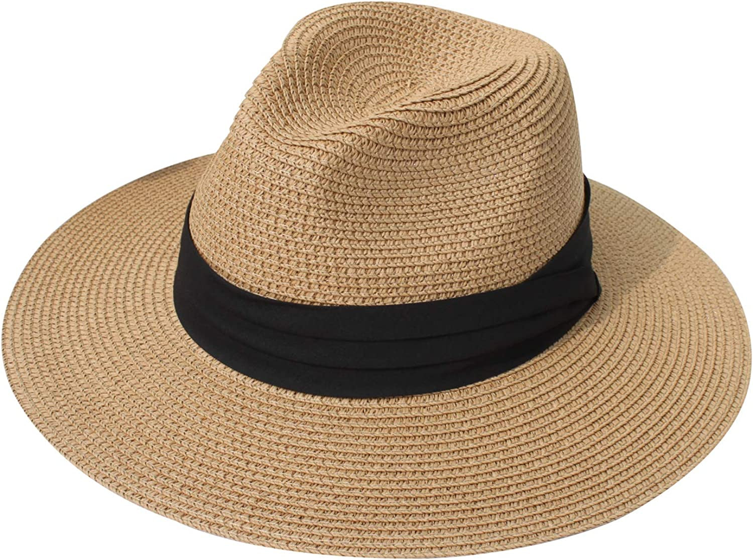 DRESHOW Women Straw Panama Hat Fedora Beach Sun Hat Wide Brim Straw Roll up Hat UPF 50+ Apparel & Accessories > Clothing Accessories > Hats DRESHOW Fedora Khaki  