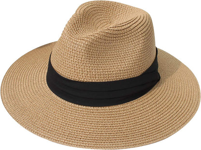 DRESHOW Women Straw Panama Hat Fedora Beach Sun Hat Wide Brim Straw Roll up Hat UPF 50+ Apparel & Accessories > Clothing Accessories > Hats DRESHOW Fedora Khaki  