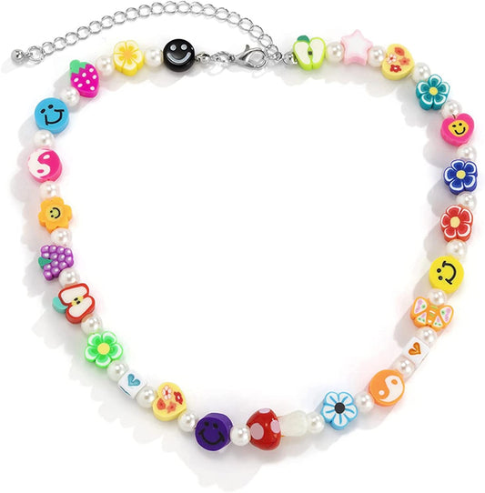 Boho Smiley Layered Beaded Necklaces with Strand Bracelet, Smile Face Star Fruits Flowers Heart Shape Beads Pearl Stackable Collar Necklace Anklet for Women Girls Vsco Summer Beach Trip Apparel & Accessories > Jewelry > Anklets Bincon I Red mushroom  