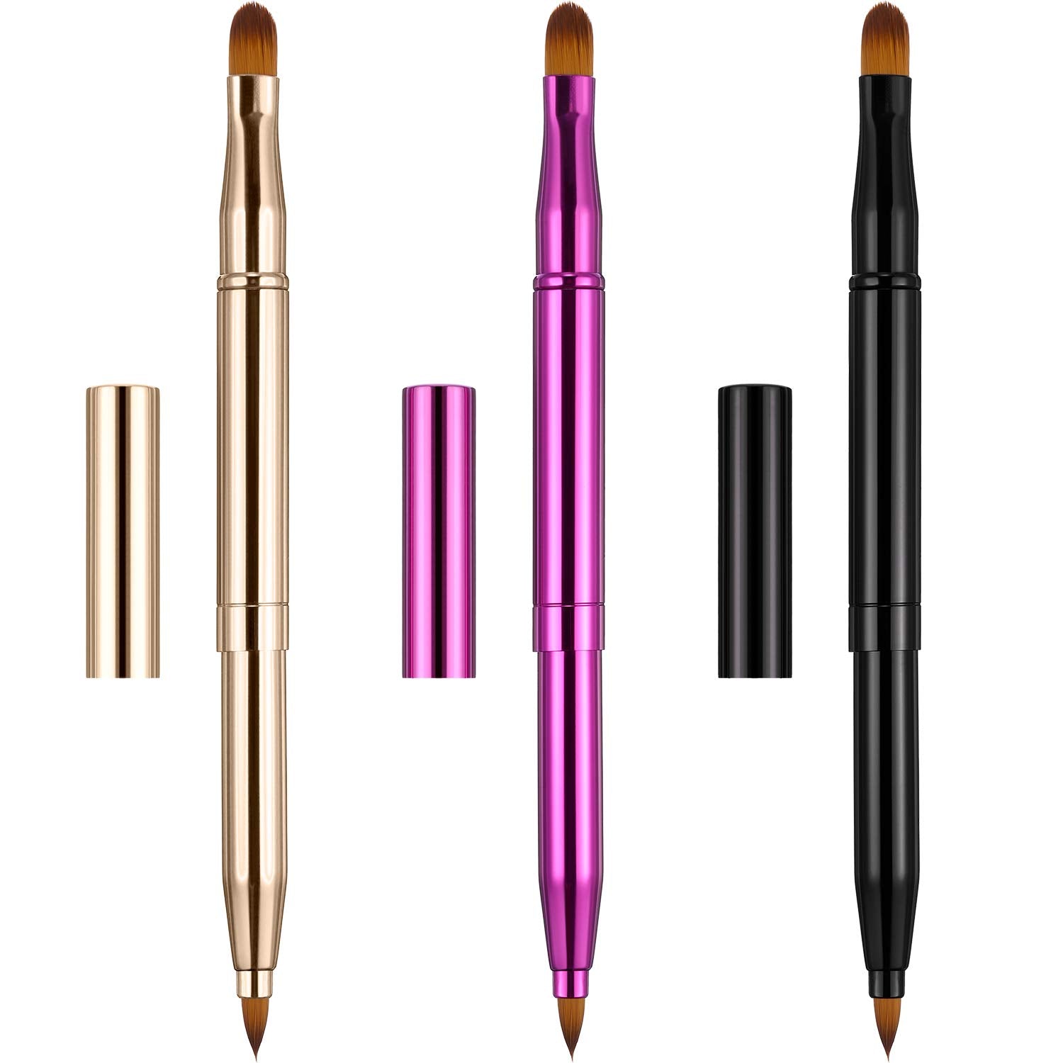 Dual End Lip Brush Concealer Brushes 3 Pieces Retractable Lipstick Eyeshadow Foundation Makeup Brush Tool Applicators Set (Gold, Purple, Bright Pink) Health & Beauty > Personal Care > Cosmetics > Cosmetic Tools > Makeup Tools TOODOO Gold, Black, Purple  