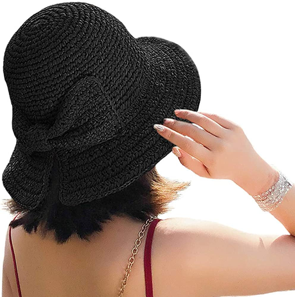 Foldable Wide Brim Floppy Straw Beach Sun Hat,Summer Cap with Bowknot for Women Girls,Strap Adjustable Apparel & Accessories > Clothing Accessories > Hats Bseash 1 Pack Black  