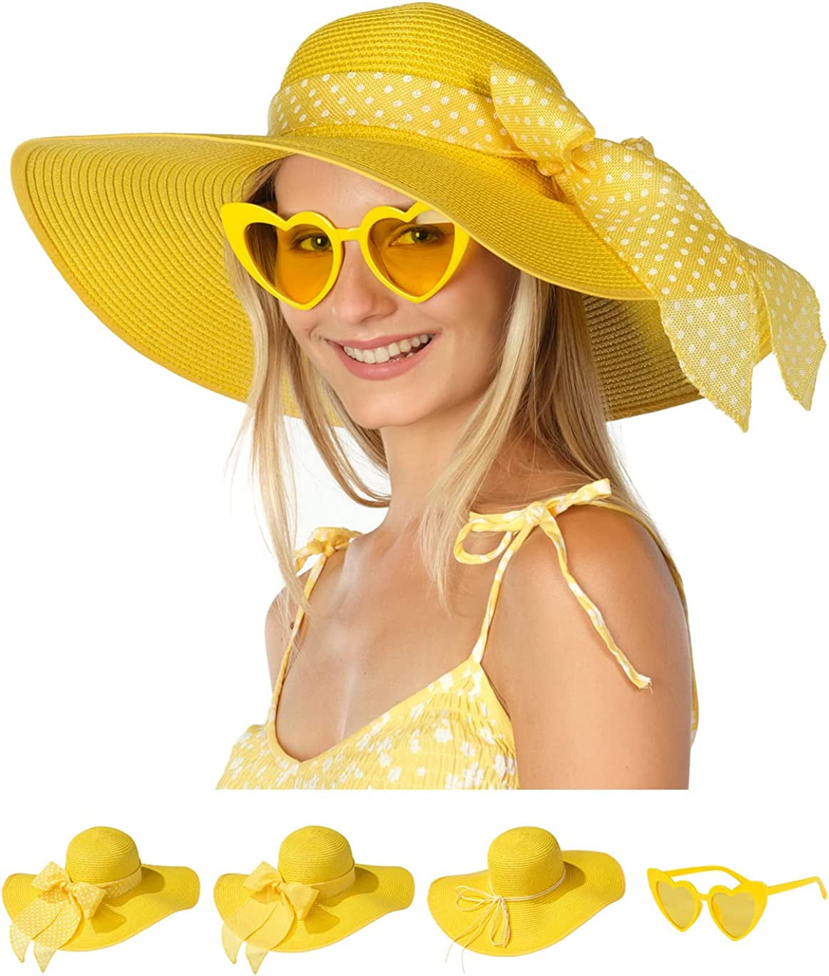 Funcredible Wide Brim Sun Hats for Women - Floppy Straw Hat with Heart Shape Glasses Apparel & Accessories > Clothing Accessories > Hats Funcredible Yellow  