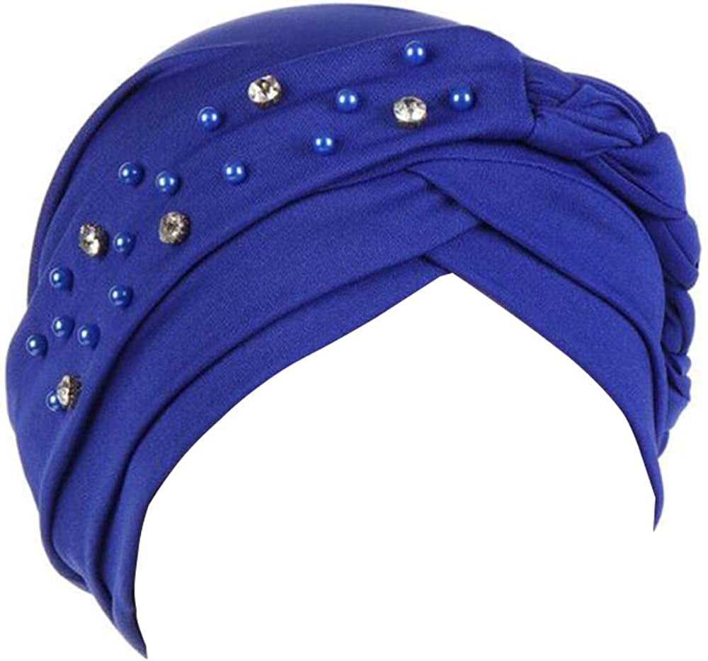 Beauty YFJH Women Hijab Beading Pre-Tied Twisted Braid Turban Hat Head Scarf Cancer Chemo Beanies Headwear Headwrap Cap Apparel & Accessories > Clothing Accessories > Headwear beauty YFJH Blue  