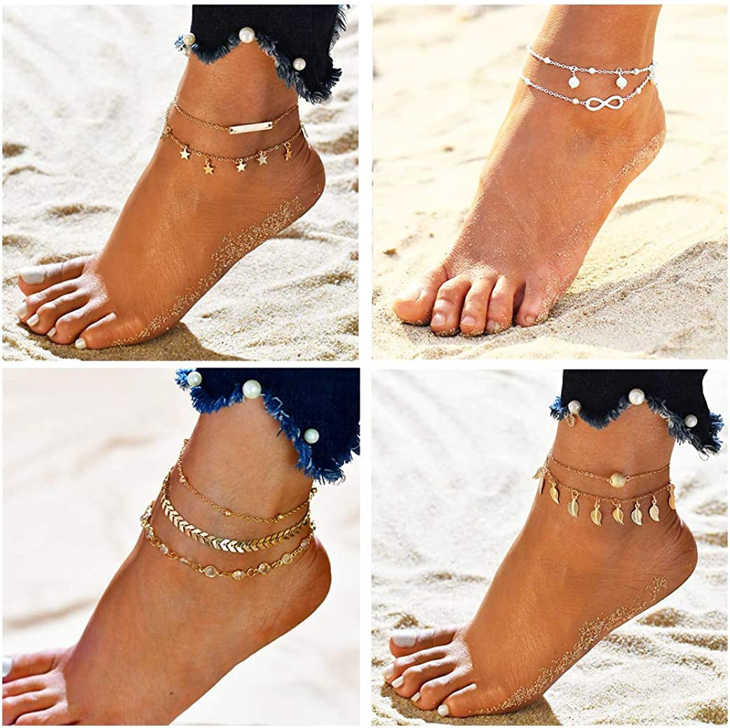 FUNEIA 12/16Pcs Anklets for Women Silver Gold Ankle Bracelets Set Boho Layered Beach Adjustable Chain Anklet Foot Jewelry Apparel & Accessories > Jewelry > Anklets Anlsen   