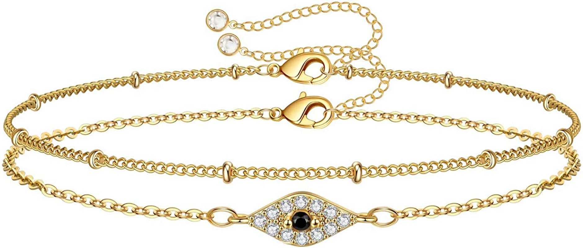 Dainty Gold Bracelets for Women, 14K Gold Filled Adjustable Layered Bracelet Cute Evil Eye Oval Chain Pearl Bar Turtle Gold Bracelets for Women Jewelry Apparel & Accessories > Jewelry > Bracelets Turandoss CZ Evil Eye&Beads Chain  