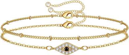 Dainty Gold Bracelets for Women, 14K Gold Filled Adjustable Layered Bracelet Cute Evil Eye Oval Chain Pearl Bar Turtle Gold Bracelets for Women Jewelry Apparel & Accessories > Jewelry > Bracelets Turandoss CZ Evil Eye&Beads Chain  