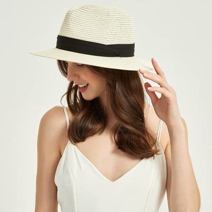 Panama Straw Hats for Women Summer Beach Sun Hat Wide Brim Fedora Cap UPF50+ Apparel & Accessories > Clothing Accessories > Hats KYLIE MAX   