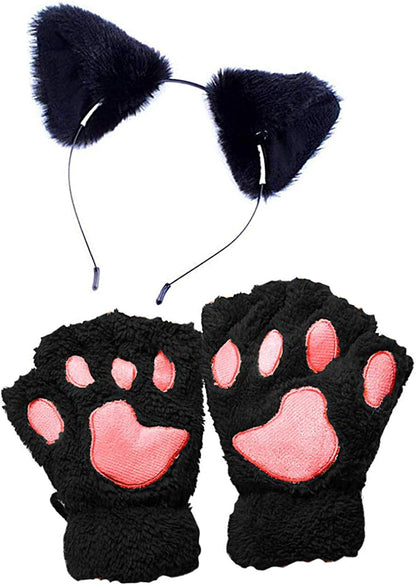 Fakeface Cute Cat Kitten Paw Fingerless Faux Fur Plush Gloves for Girls Women Apparel & Accessories > Clothing Accessories > Gloves & Mittens FakeFace Black Set  