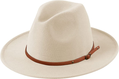 Lanzom Women Lady Retro Wide Brim Floppy Panama Hat Belt Buckle Wool Fedora Hat Apparel & Accessories > Clothing Accessories > Hats Lanzom X Belt-beige One Size 