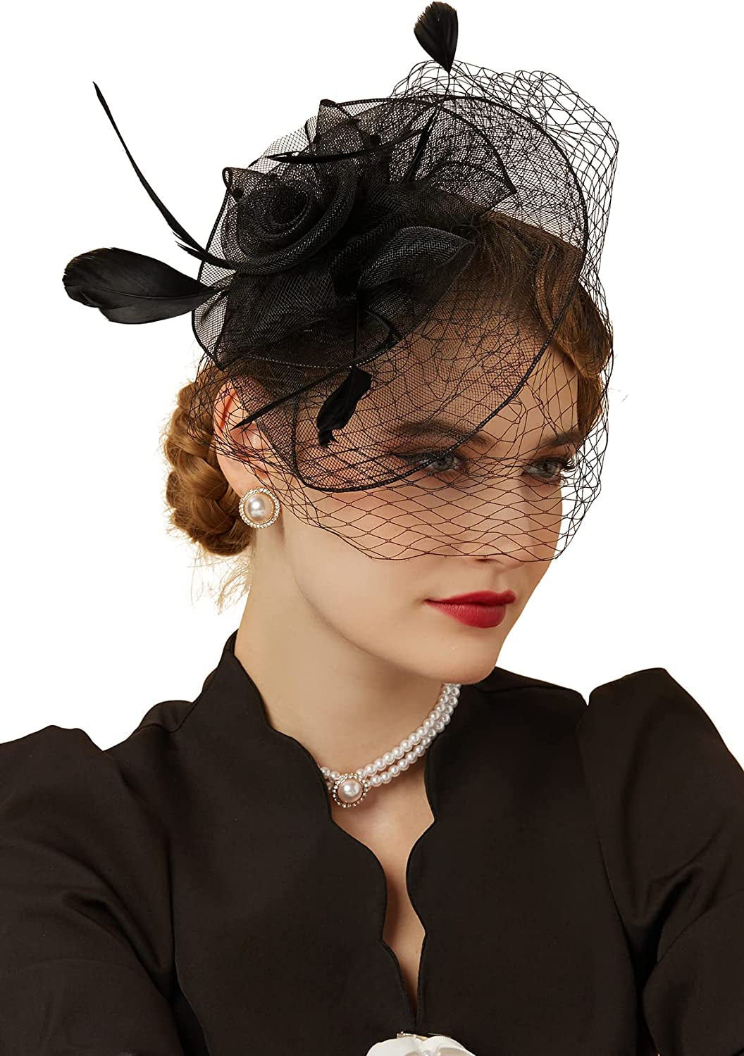 Fascinators Hats 20S 50S Hat Pillbox Hat Cocktail Tea Party Headwear with Veil for Girls and Women Apparel & Accessories > Clothing Accessories > Headwear Cizoe D-black  