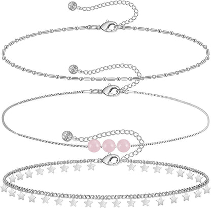 Gold Ankle Bracelets for Women 14K Gold Plated Anklet Silver Tennis Butterfly Star Coin Quartz Bead Snake Paperclip Chain Dainty Layered Anklet Set 3Pcs Jewelry Gifts for Teen Girls Apparel & Accessories > Jewelry > Anklets Vermeyen J-White Gold-Star  