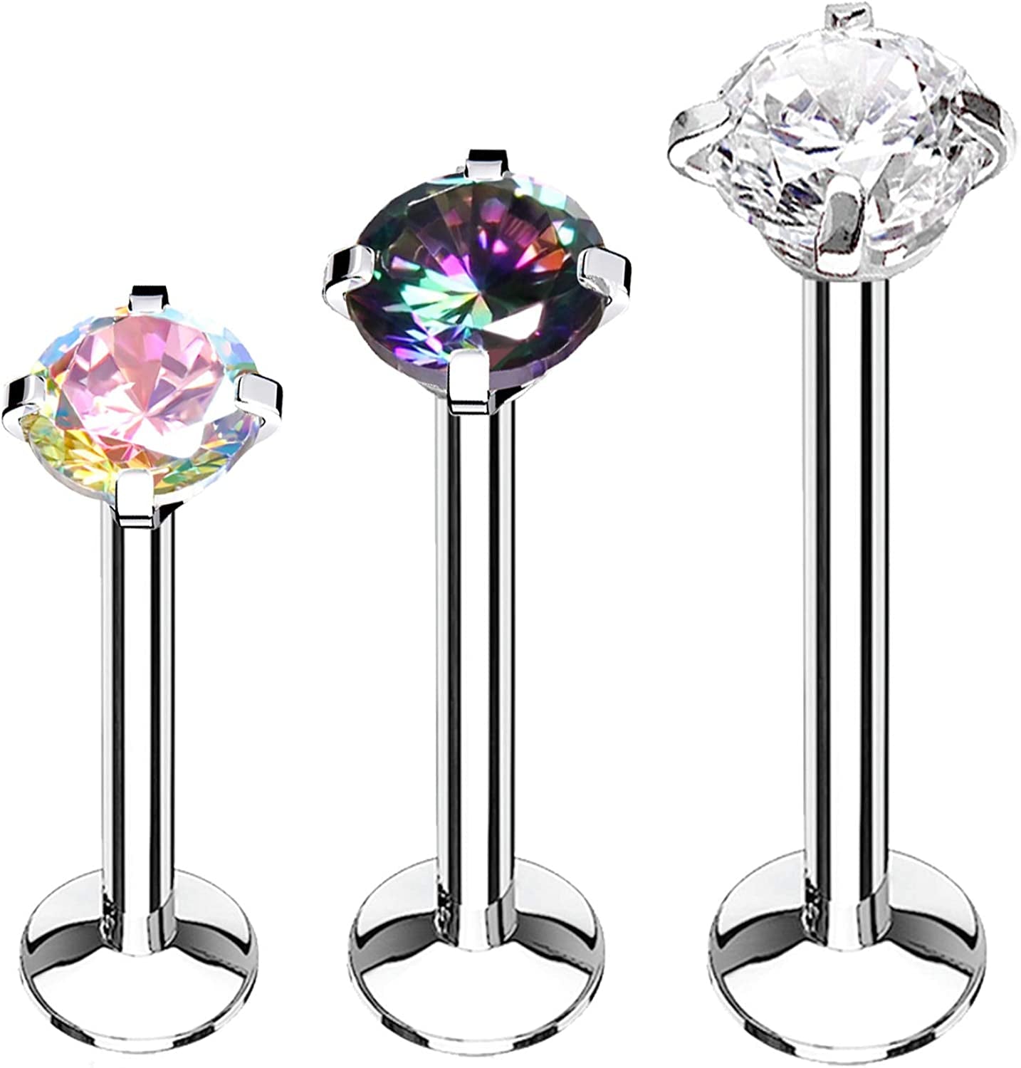 Bodyj4You 3PC Labret Tragus Stud Earrings | 16G Surgical Stainless Steel CZ Crystal | Monroe Helix Cartialge Conch Medusa Lip | Body Piercing Jewelry Set Apparel & Accessories > Jewelry > Body Jewelry BodyJ4You Clear, Aurora, Vitrail  