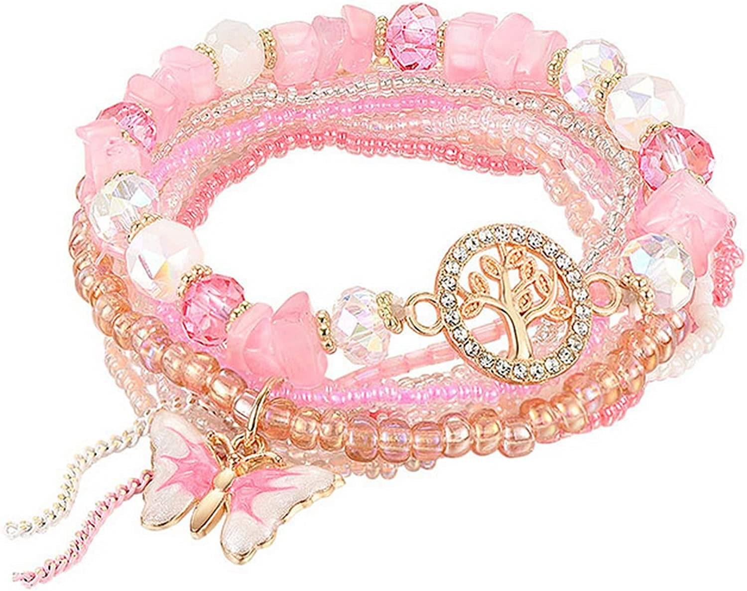 Mengpa Stackable Beaded Bracelets for Women Girls Bohemian Layering Strand Statement Jewelry Apparel & Accessories > Jewelry > Bracelets MengPa Pink-Butterfly  