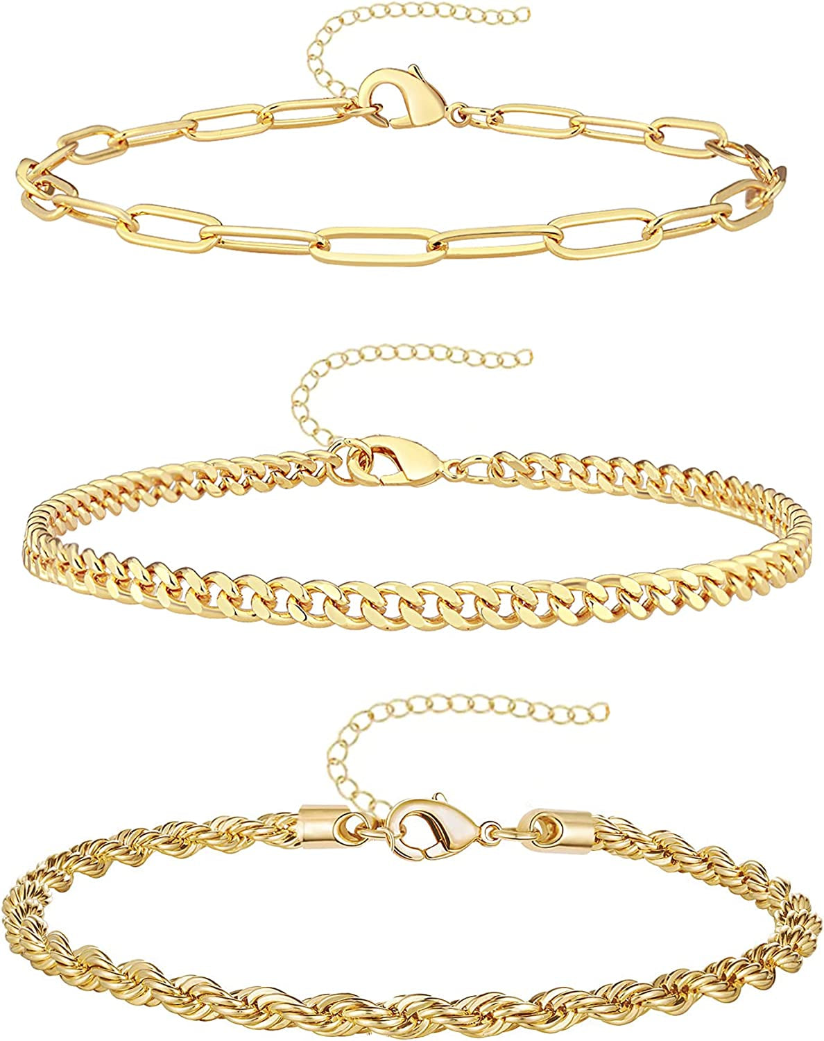 Reoxvo Dainty Gold Chain Bracelets Set for Women 14K Real Gold Plated Link Chain Bracelets for Women Trendy Gold Stackable Bracelets for Women Adjustable 7"+2" Apparel & Accessories > Jewelry > Bracelets Reoxvo Style 05  