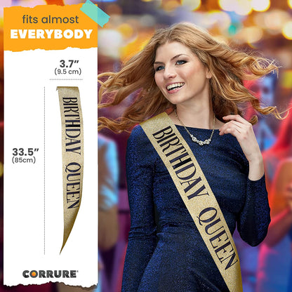 CORRURE 'Birthday Queen' Sash Glitter with Black Foil - Gold Glitter Happy Birthday Sash for Women - Party Favors Supplies and Decorations for Sweet 16, 18Th 21St 30Th 40Th or Any Bday Party Apparel & Accessories > Clothing Accessories > Sashes Pego Brands General   