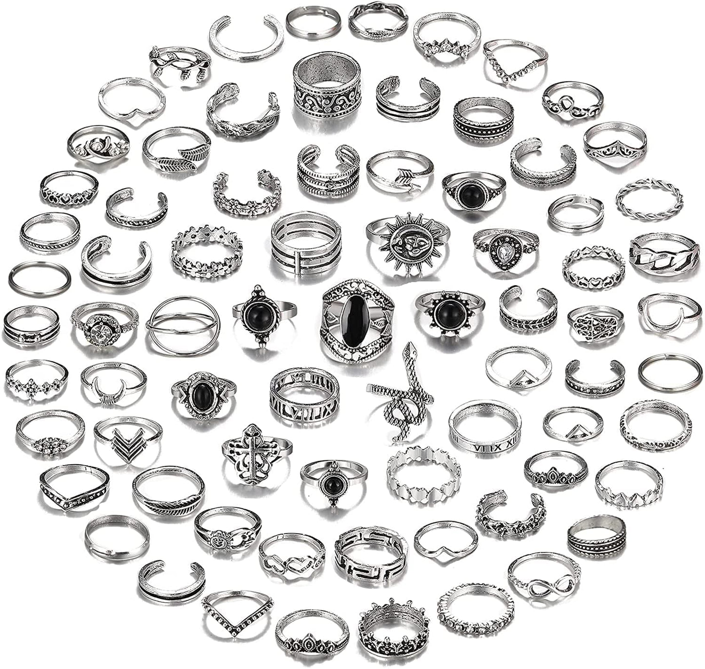 78 PCS Vintage Silver Knuckle Rings Set, Stackable Joint Finger Rings for Women, Bohemian Midi Rings, Boho Butterfly Snake Crystal Stacking Rings Pack Design 2-silver