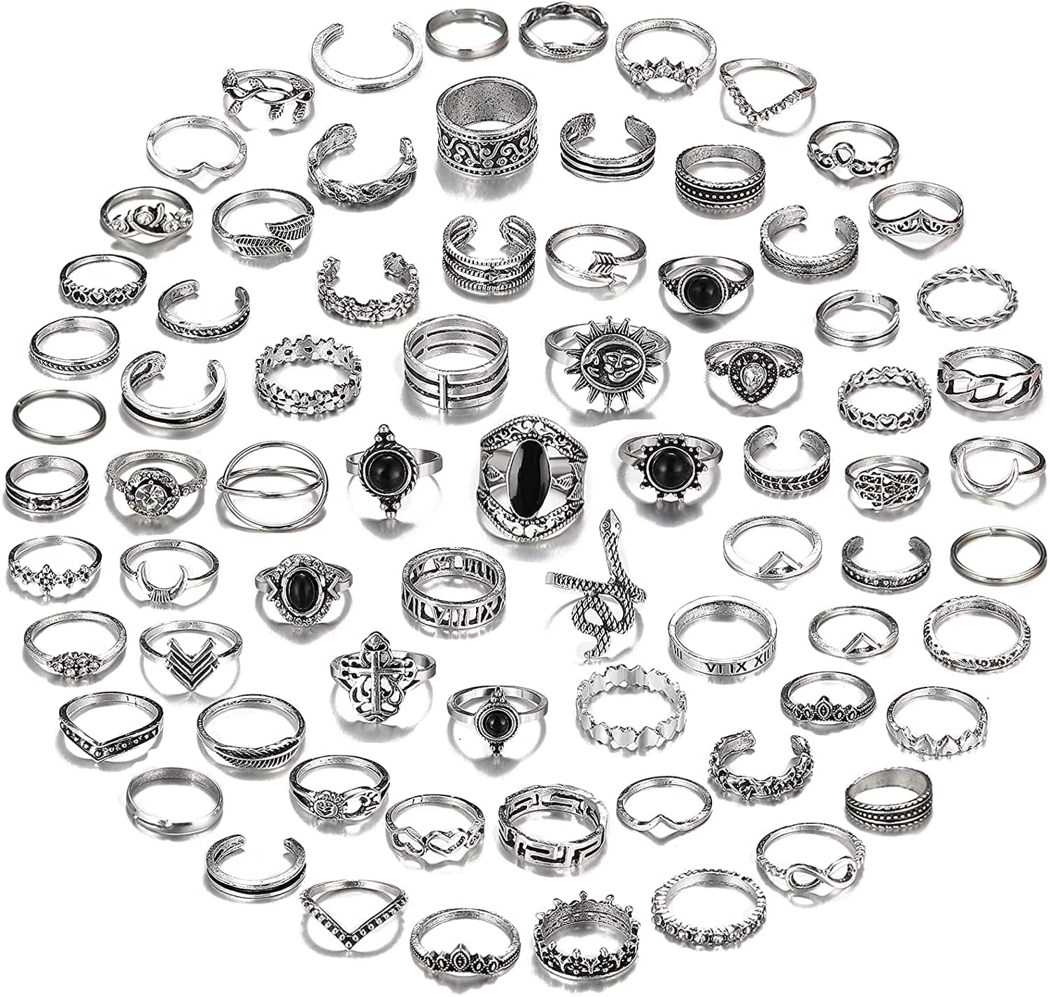 78 PCS Vintage Silver Knuckle Rings Set, Stackable Joint Finger Rings for Women, Bohemian Midi Rings, Boho Butterfly Snake Crystal Stacking Rings Pack Design 2-silver