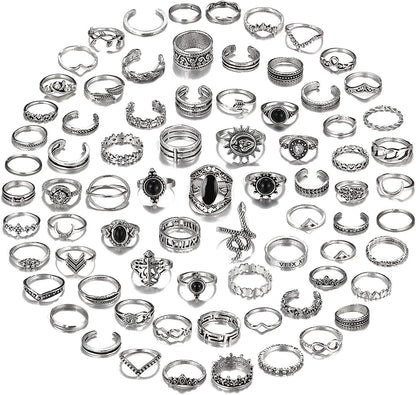 78 PCS Vintage Silver Knuckle Rings Set, Stackable Joint Finger Rings for Women, Bohemian Midi Rings, Boho Butterfly Snake Crystal Stacking Rings Pack Design 2-silver
