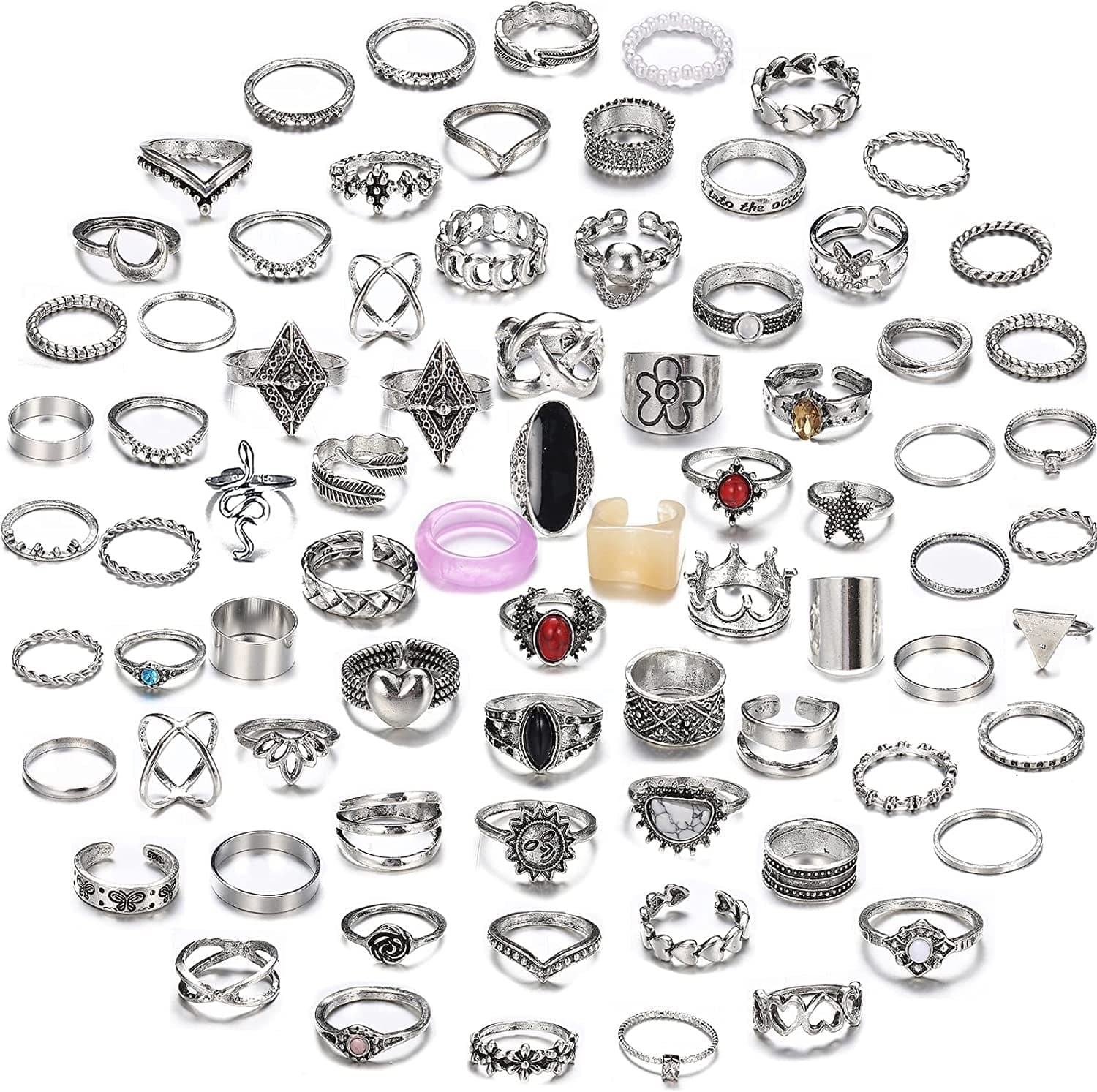 78 PCS Vintage Silver Knuckle Rings Set, Stackable Joint Finger Rings for Women, Bohemian Midi Rings, Boho Butterfly Snake Crystal Stacking Rings Pack Design 4-silver