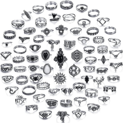 78 PCS Vintage Silver Knuckle Rings Set, Stackable Joint Finger Rings for Women, Bohemian Midi Rings, Boho Butterfly Snake Crystal Stacking Rings Pack Design 3-silver
