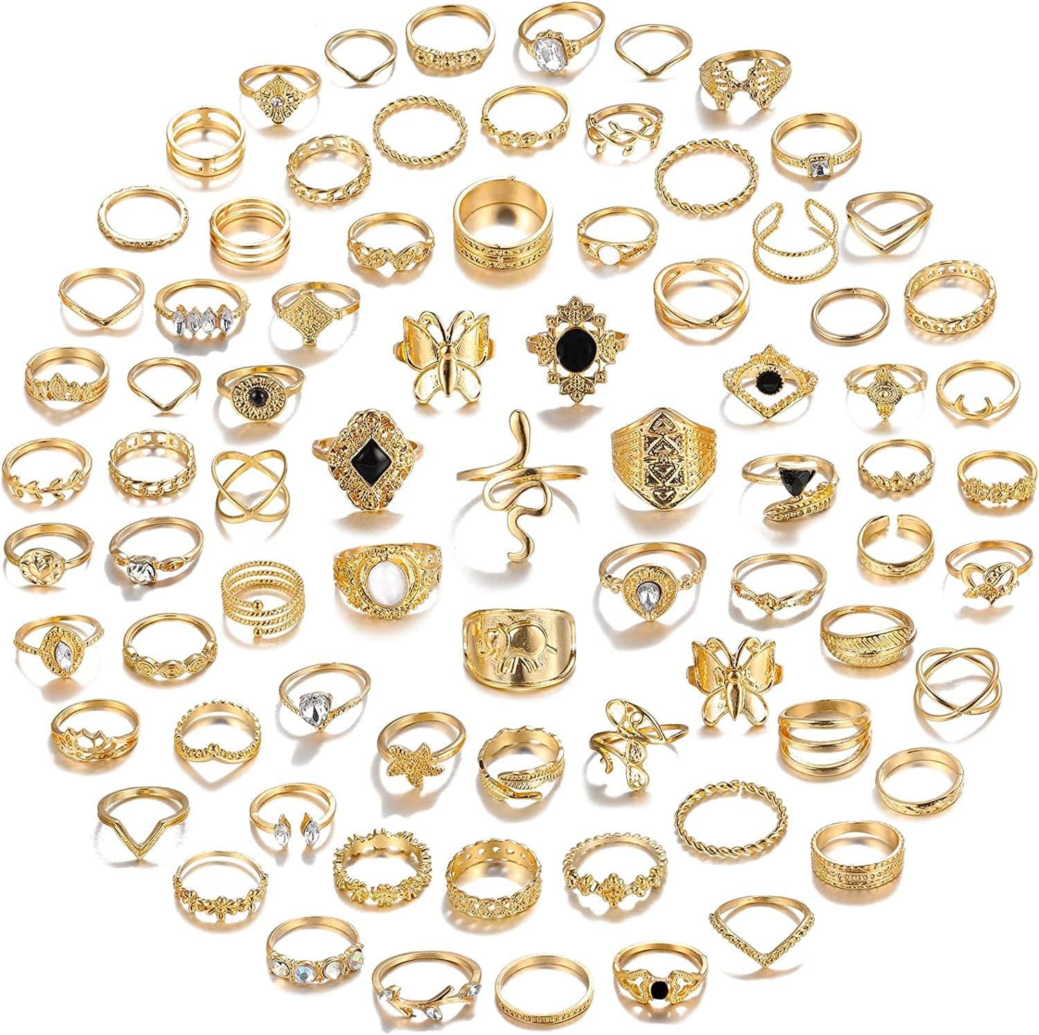 78 PCS Vintage Silver Knuckle Rings Set, Stackable Joint Finger Rings for Women, Bohemian Midi Rings, Boho Butterfly Snake Crystal Stacking Rings Pack Design 1-gold