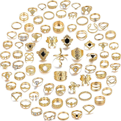 78 PCS Vintage Silver Knuckle Rings Set, Stackable Joint Finger Rings for Women, Bohemian Midi Rings, Boho Butterfly Snake Crystal Stacking Rings Pack Design 1-gold