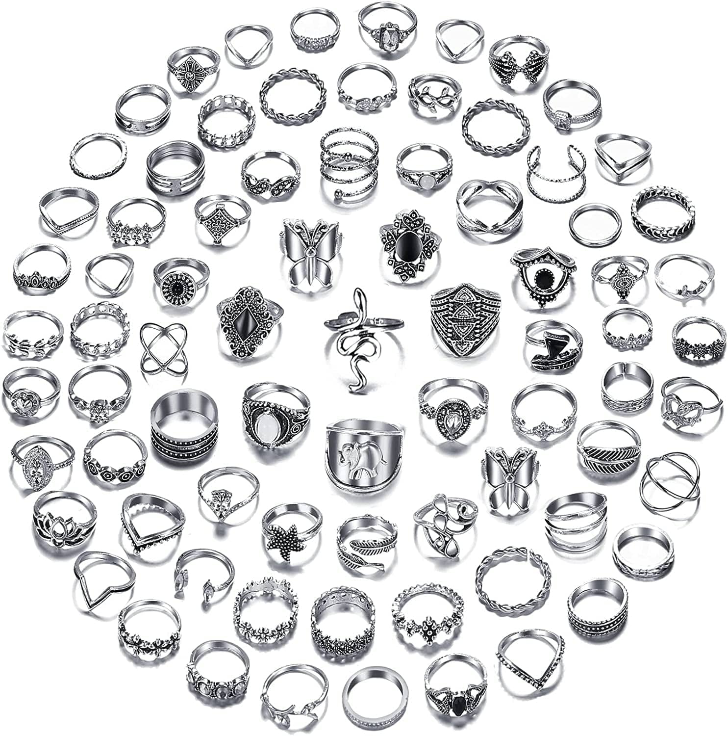 78 PCS Vintage Silver Knuckle Rings Set, Stackable Joint Finger Rings for Women, Bohemian Midi Rings, Boho Butterfly Snake Crystal Stacking Rings Pack Design 1-silver