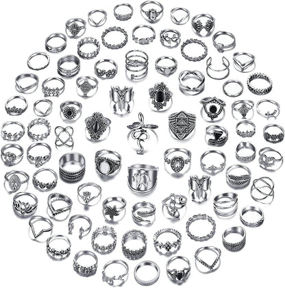 78 PCS Vintage Silver Knuckle Rings Set, Stackable Joint Finger Rings for Women, Bohemian Midi Rings, Boho Butterfly Snake Crystal Stacking Rings Pack Design 1-silver