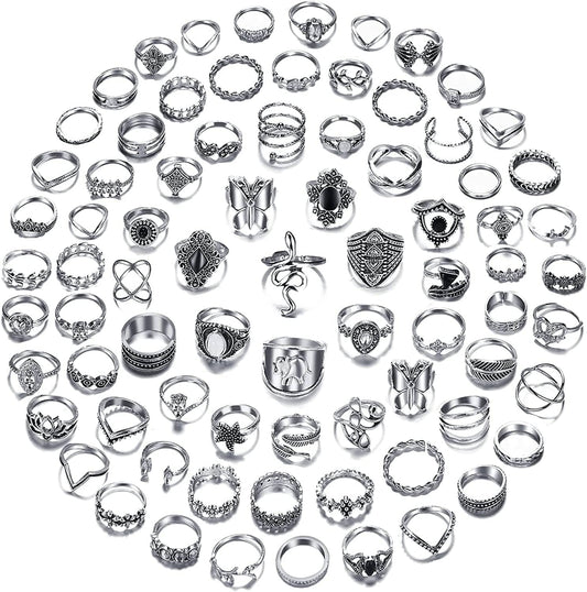 78 PCS Vintage Silver Knuckle Rings Set, Stackable Joint Finger Rings for Women, Bohemian Midi Rings, Boho Butterfly Snake Crystal Stacking Rings Pack Design 1-silver