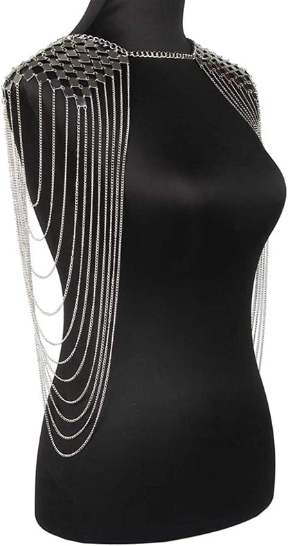 Chrontier Harness Body Chain Link Epaulet Shoulder Chain Necklace Collar Dangling Tassels for Bridal Women Prom Party Wedding Dress Accessory Silver Tone Apparel & Accessories > Jewelry > Body Jewelry Chrontier   