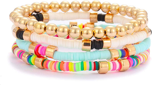 Colorful Beaded Bracelet for Women Heishi Bracelet Set Assorted Gold Bead Stackable Stretch Strand Bracelet Apparel & Accessories > Jewelry > Bracelets WETMT Assorted  