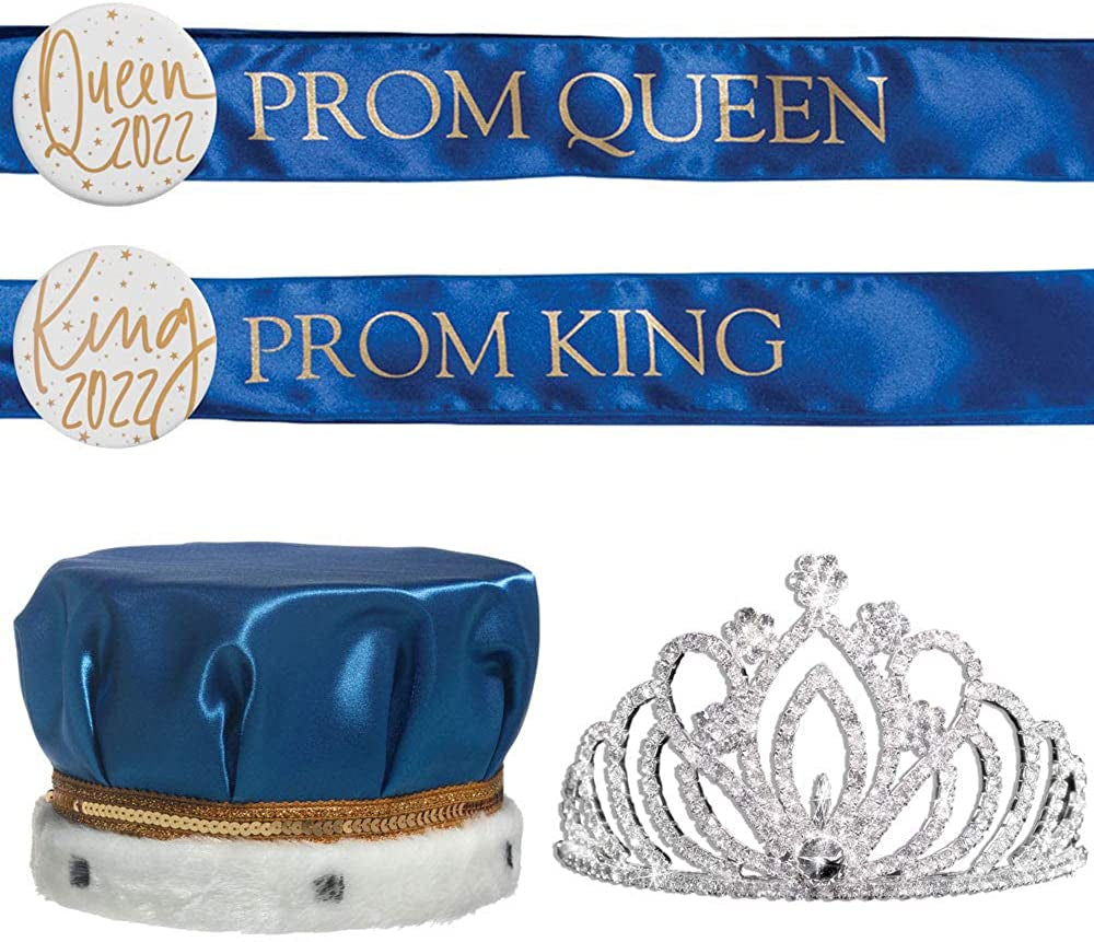 Prom Royalty Set - Rhinestone Tiara, Crown, Sashes, Buttons Apparel & Accessories > Clothing Accessories > Sashes Anderson's Zahara Tiara/Blue Crown/Blue Sashes/White Buttons  