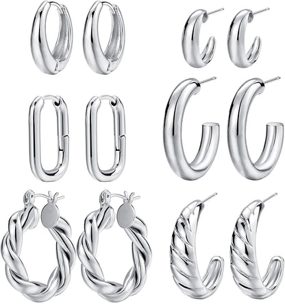 Gold Hoop Earrings Set for Women, 14K Gold Plated Lightweight Hypoallergenic Chunky Open Hoops Set for Gift Apparel & Accessories > Jewelry > Earrings KYLIE MAX Silver  