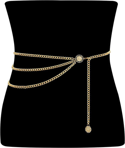 Metal Waist Chain Women Girls Adjustable Body Link Belts Fashion Belly Jewelry for Jeans Dresses Gold Apparel & Accessories > Jewelry > Body Jewelry WHIPPY 2-gold M: Fit for Waist up to 36 Inches 