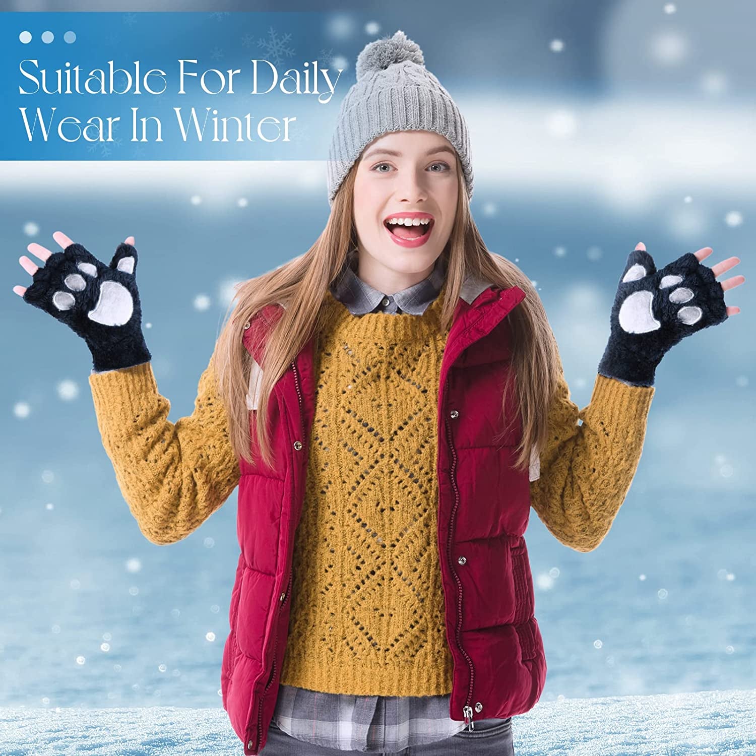 SATINIOR 6 Pairs Cat Paw Gloves Fingerless Faux Fur Plush Gloves Mittens Winter Warm Half Finger Gloves Cute Cat Paw Cosplay Gloves Fuzzy Plush Gloves for Women Girls (Black, Grey, Pink, Brown, Navy) Apparel & Accessories > Clothing Accessories > Gloves & Mittens SATINIOR   