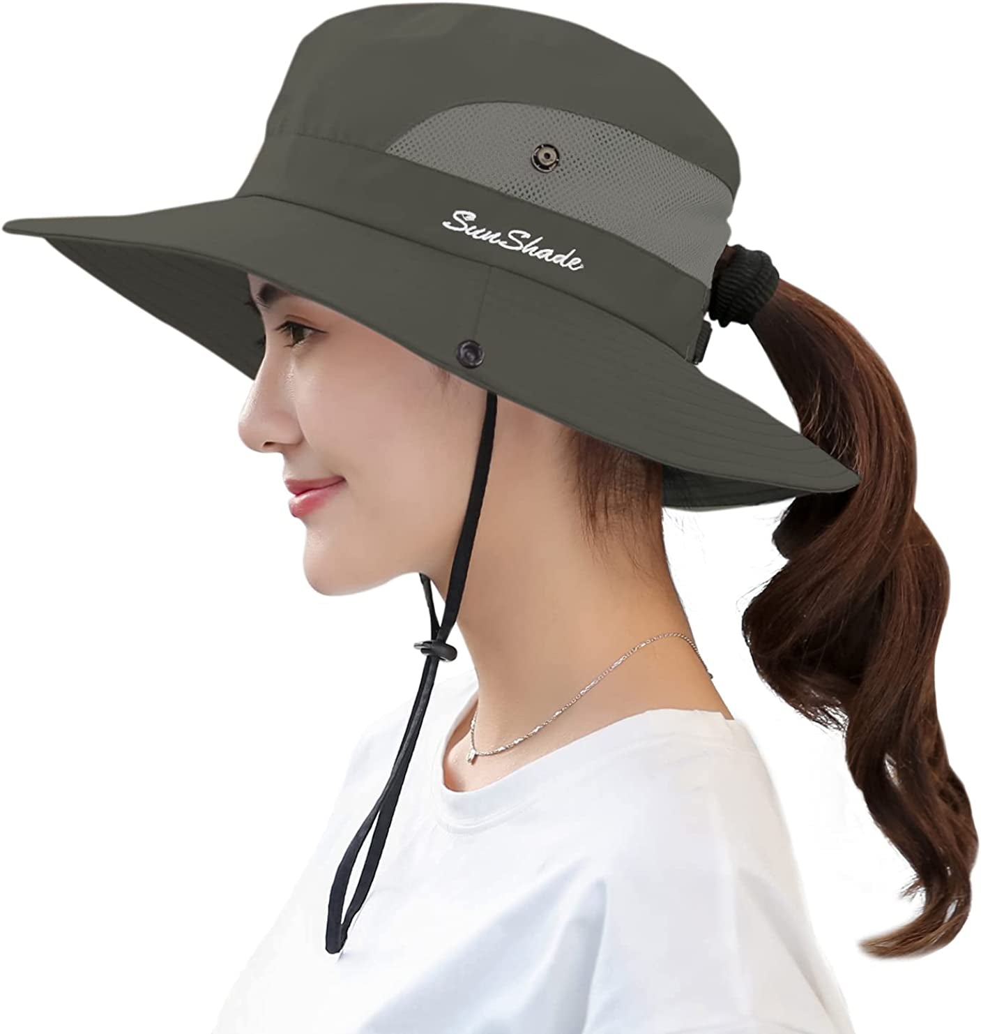 Muryobao Women'S Ponytail Sun Hat UV Protection Foldable Mesh Wide Brim Beach Fishing Hat Apparel & Accessories > Clothing Accessories > Hats Muryobao Pure Army Green  