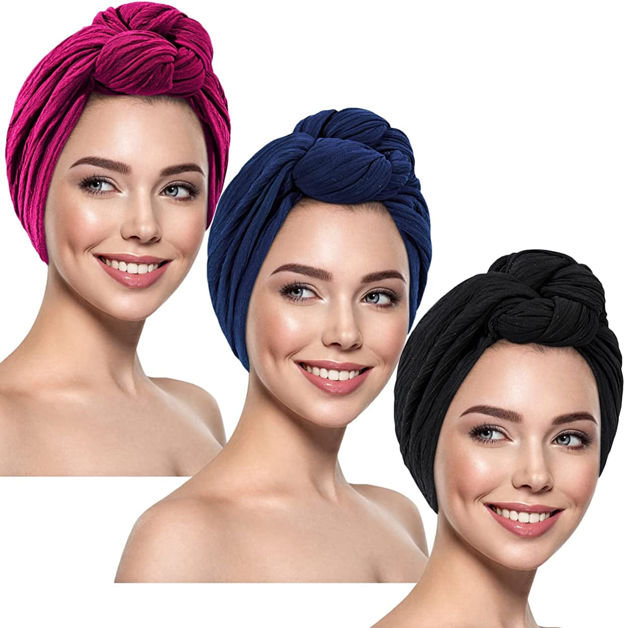 DANMY Women'S Beanie Turban Hats, Indian Hats Headscarves, Beanie Hats for Women,Turban for Women Apparel & Accessories > Clothing Accessories > Headwear DANMY Rose-red & Navy & Black -3pcs  