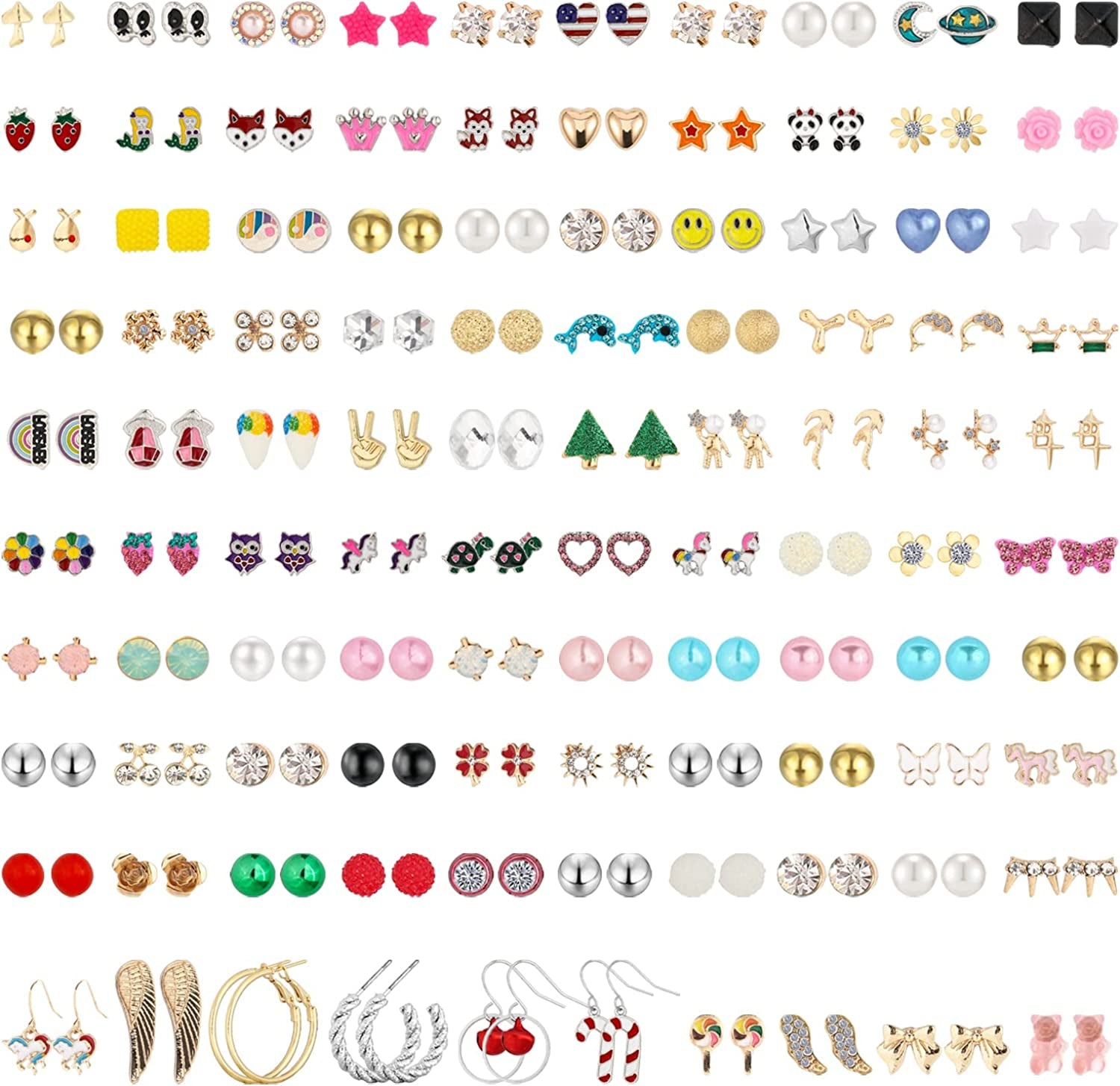 NEWITIN 100 Pairs Colorful Cute Stud Earrings for Girls Hypoallergenic Earrings Stainless Steel Earrings for Women Apparel & Accessories > Jewelry > Earrings NEWITIN Energetic Girl  