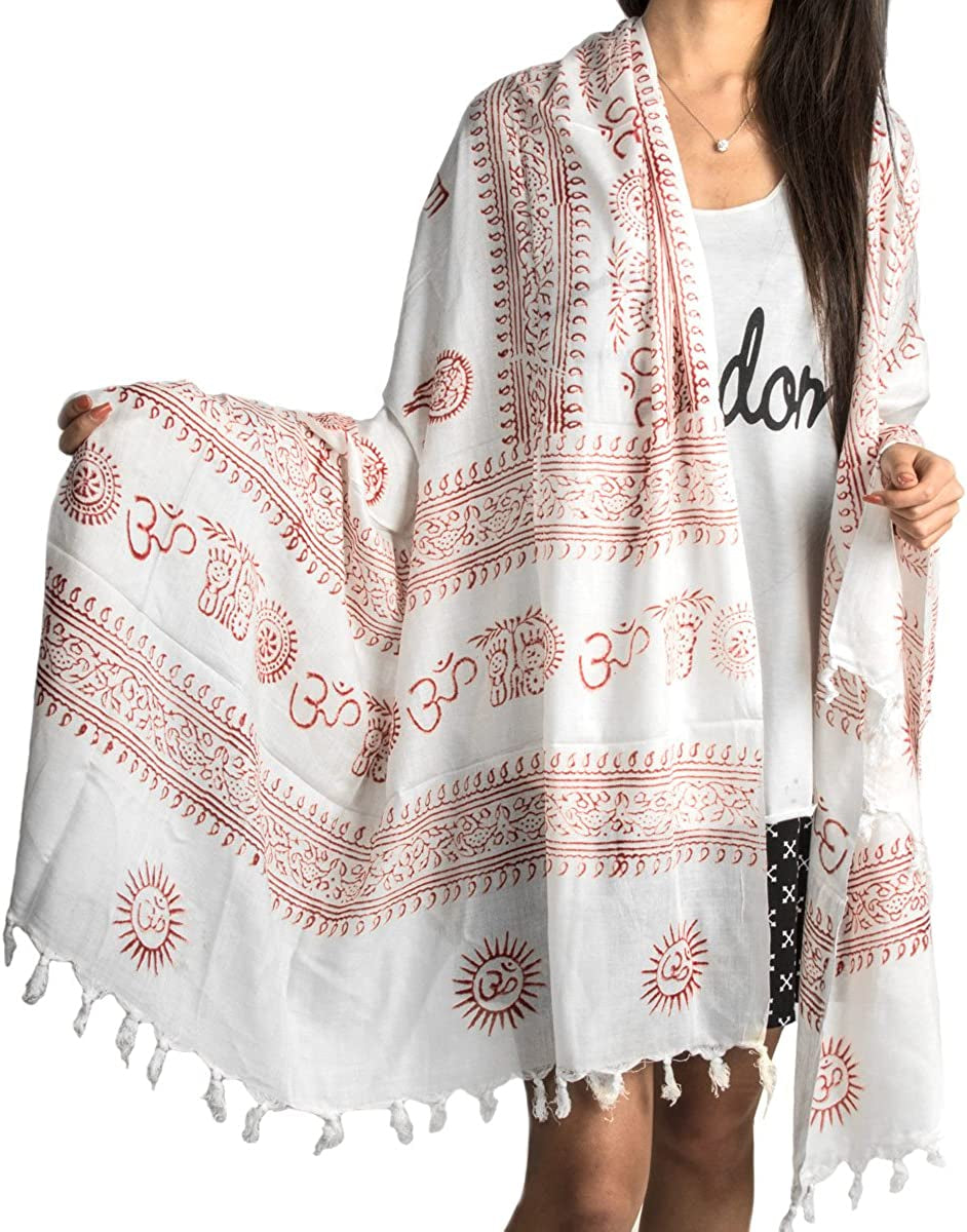 Large Om Scarf Wrap Yoga Soft Cotton Mix Hand Printed Mantra Prayer Boho Bohemian Yoga Yellow White Black & Blue (White) Apparel & Accessories > Clothing Accessories > Scarves & Shawls Tribe Azure Fair Trade   
