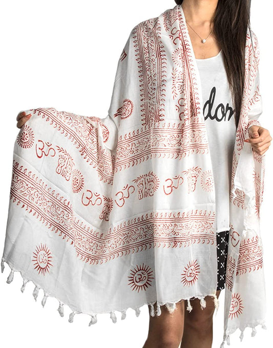 Large Om Scarf Wrap Yoga Soft Cotton Mix Hand Printed Mantra Prayer Boho Bohemian Yoga Yellow White Black & Blue (White) Apparel & Accessories > Clothing Accessories > Scarves & Shawls Tribe Azure Fair Trade   