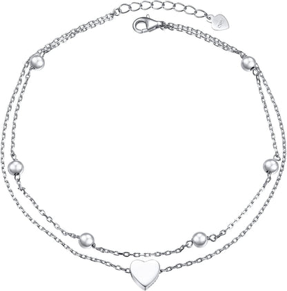 Flyow Anklet for Women S925 Sterling Silver Adjustable Foot Beaded Heart Charm Ankle Bracelet Anklets Jewelry Apparel & Accessories > Jewelry > Anklets FLYOW heart charm 12+2  